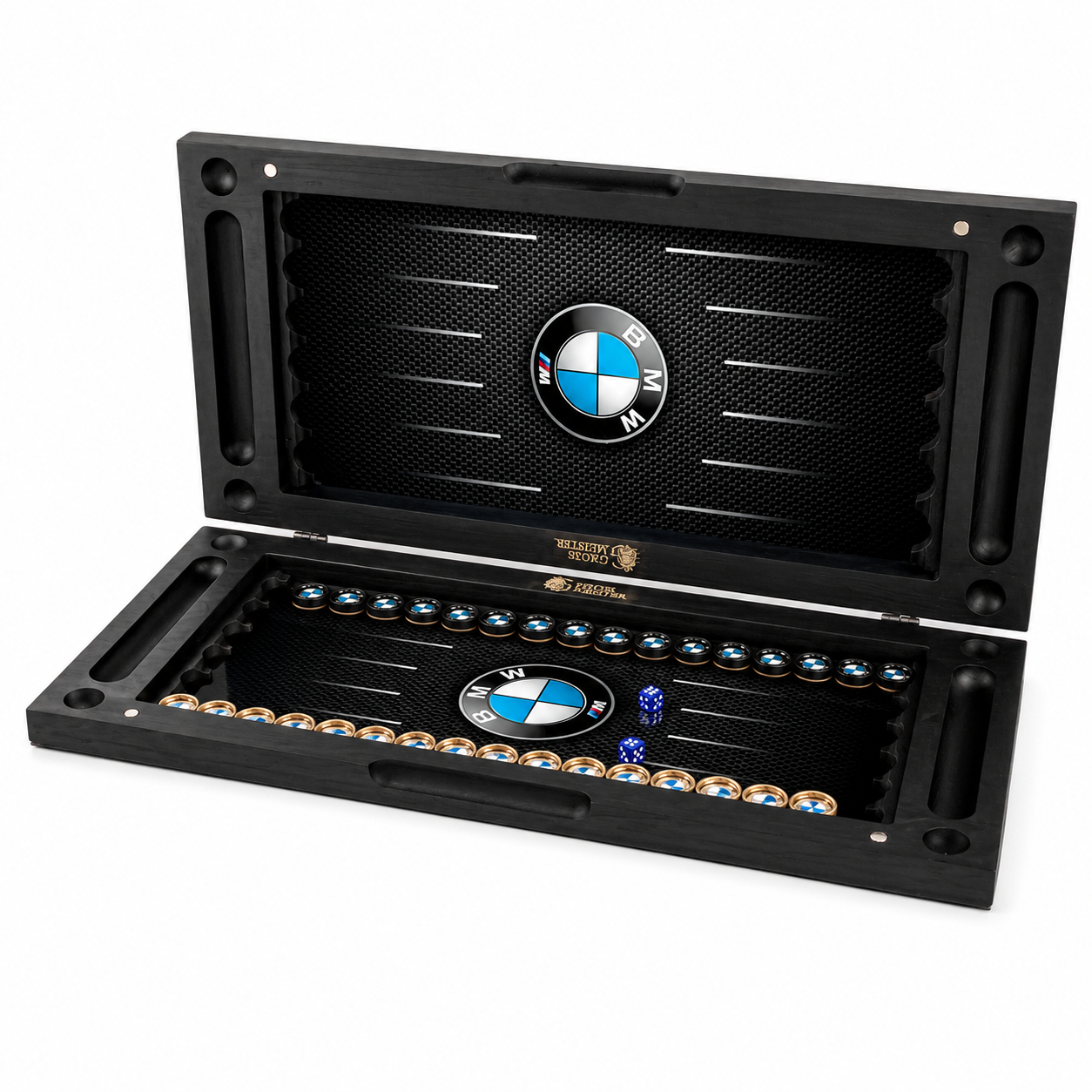 Подарочные стеклянные нарды BMW 60 см для ценителей немецких автомобилей со стильным чёрным оформлением и долговечной поверхностью