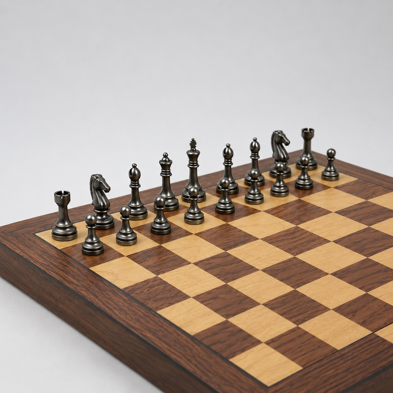 Wooden Chess Set with Metal Pieces