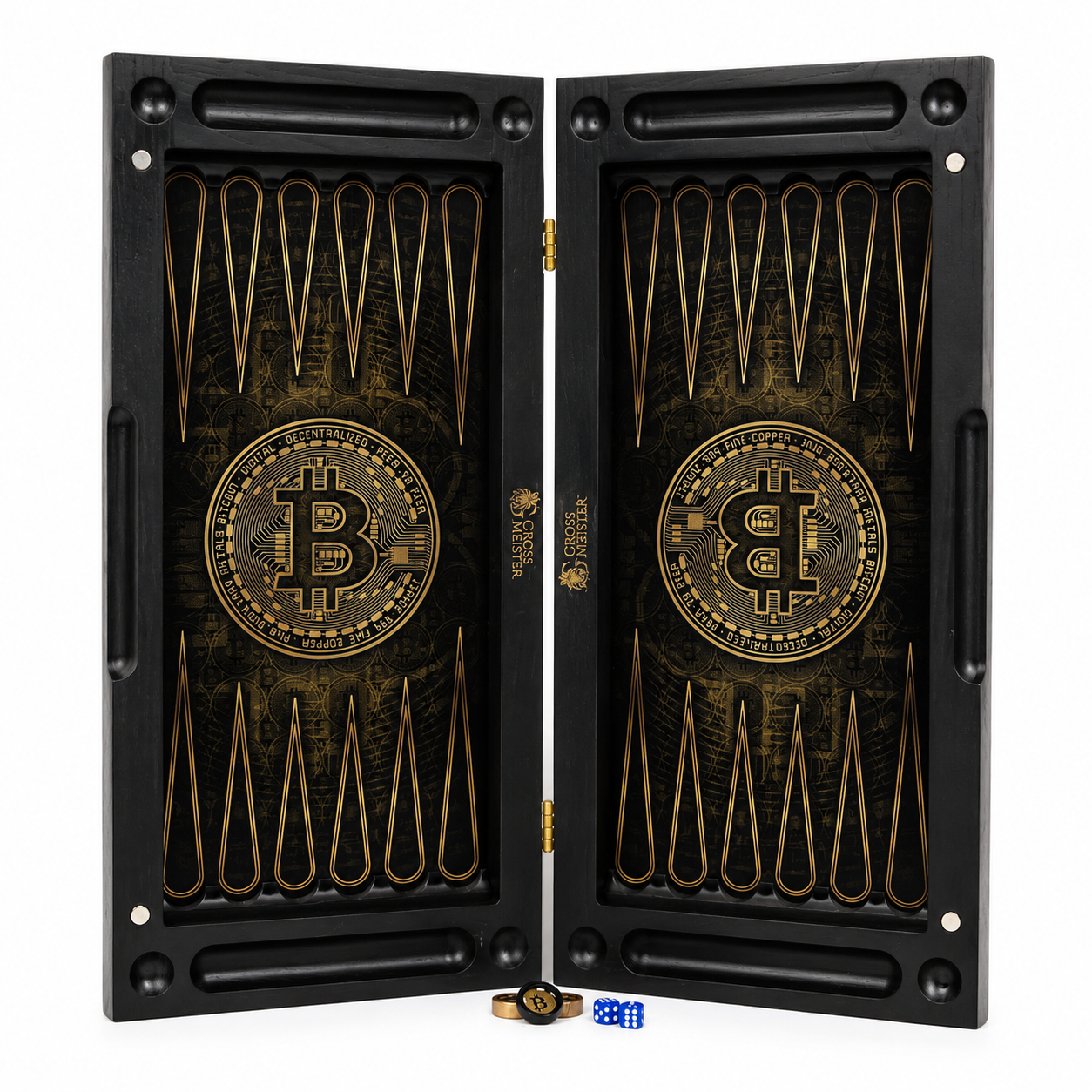 Нарды со стеклянным полем и логотипом Bitcoin для оригинального подарка.